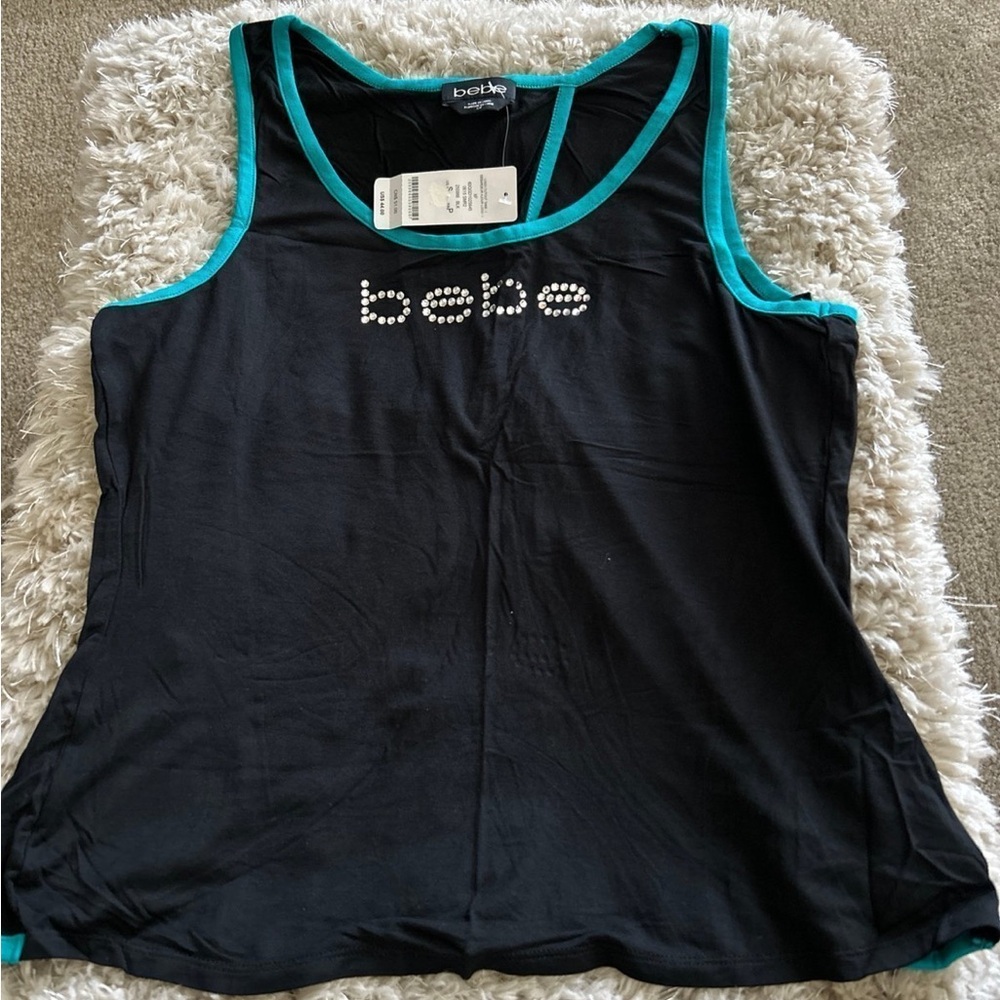 Bebe Black Top with Teal Accents and Rhinestone Logo - Picture 3 of 9